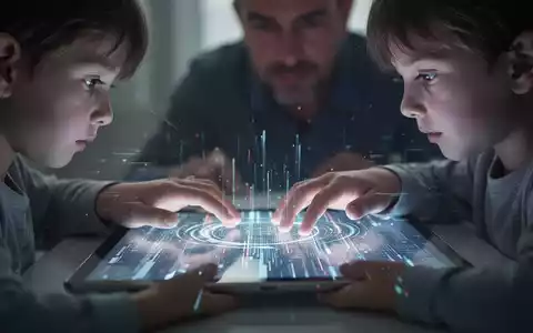 Kinderhände halten ein Tablet mit abstrakten Daten, Erwachsener unscharf im Hintergrund, Symbol für Online-Sicherheit. - Foto: über boerse-global.de