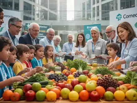 Menschen unterschiedlichen Alters nehmen an einer Veranstaltung zum Thema Gesundheit und Ernährung teil, mit frischem Obst und Gemüse im Vordergrund. - Foto: über boerse-global.de