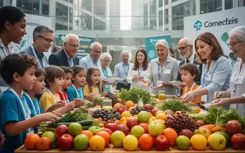 Menschen unterschiedlichen Alters nehmen an einer Veranstaltung zum Thema Gesundheit und Ernährung teil, mit frischem Obst und Gemüse im Vordergrund. - Foto: über boerse-global.de