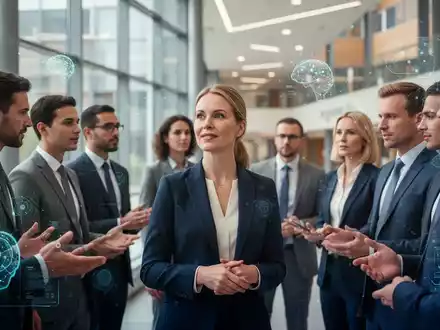 Eine Gruppe von Geschäftsleuten in einer modernen Universität, die sich unterhält, mit einer selbstbewussten Frau im Vordergrund. - Foto: über boerse-global.de