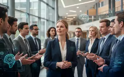Eine Gruppe von Geschäftsleuten in einer modernen Universität, die sich unterhält, mit einer selbstbewussten Frau im Vordergrund. - Foto: über boerse-global.de