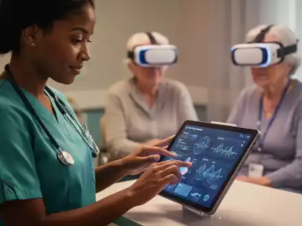 Eine Pflegekraft nutzt ein digitales Tablet, während im Hintergrund ein älterer Patient eine VR-Brille trägt. - Foto: über boerse-global.de