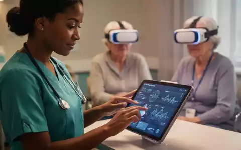 Eine Pflegekraft nutzt ein digitales Tablet, während im Hintergrund ein älterer Patient eine VR-Brille trägt. - Foto: über boerse-global.de