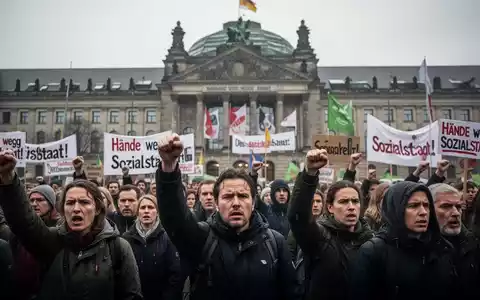 Menschen demonstrieren mit Plakaten vor einem historischen Gebäude gegen Sozialkürzungen und Änderungen im Arbeitsrecht. - Foto: über boerse-global.de