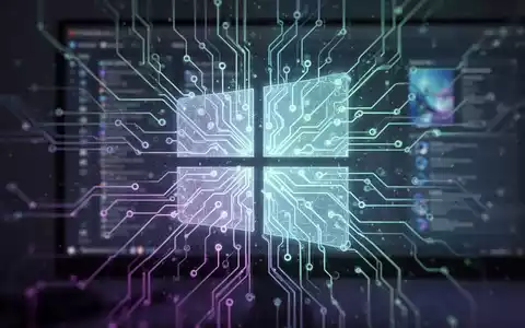 Stilisierte neuronale Netzstruktur auf Windows-Logo, symbolisiert KI in Software-Updates und Sicherheit. - Foto: über boerse-global.de