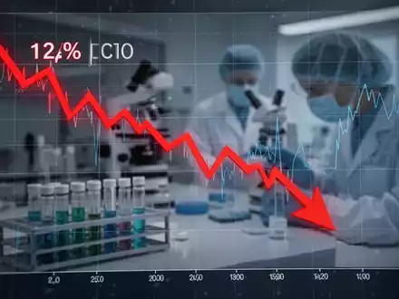 Ein digitaler Aktienchart mit einem 12-prozentigen Rückgang und einem roten Abwärtspfeil. Im Hintergrund verschwommen ein Forschungslabor. - Foto: über boerse-global.de