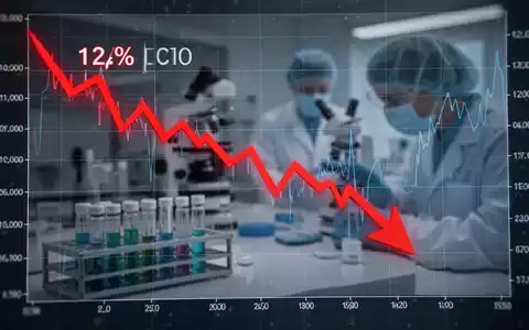 Ein digitaler Aktienchart mit einem 12-prozentigen Rückgang und einem roten Abwärtspfeil. Im Hintergrund verschwommen ein Forschungslabor. - Foto: über boerse-global.de