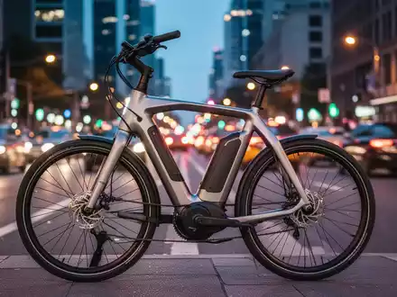Ein modernes E-Bike steht auf einer belebten Stadtstraße bei Dämmerung, mit verschwommenen Lichtern und Verkehr im Hintergrund. - Foto: über boerse-global.de