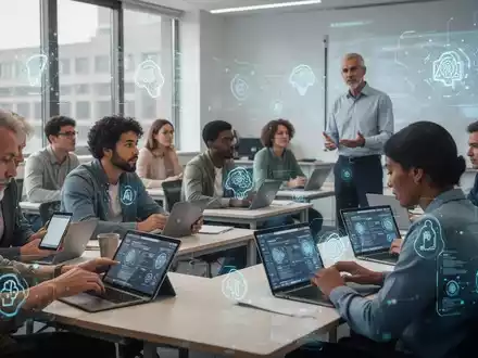 Erwachsene lernen in einem modernen Klassenzimmer mit Laptops und Tablets, Symbole für künstliche Intelligenz sind subtil eingeblendet. - Foto: über boerse-global.de