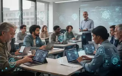 Erwachsene lernen in einem modernen Klassenzimmer mit Laptops und Tablets, Symbole für künstliche Intelligenz sind subtil eingeblendet. - Foto: über boerse-global.de