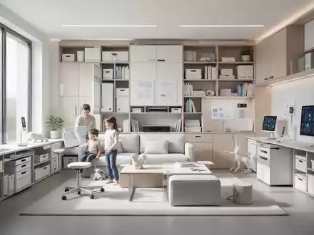 Ein aufgeräumter, moderner Wohnbereich einer Familie mit modularen Möbeln und cleveren Ordnungssystemen, die Effizienz und Ergonomie betonen. - Foto: über boerse-global.de