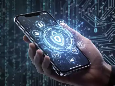 Eine Hand hält ein futuristisches Smartphone mit leuchtender Oberfläche, die Sicherheits- und Datensymbole zeigt, vor einem Hintergrund aus digitalem Code. - Foto: über boerse-global.de