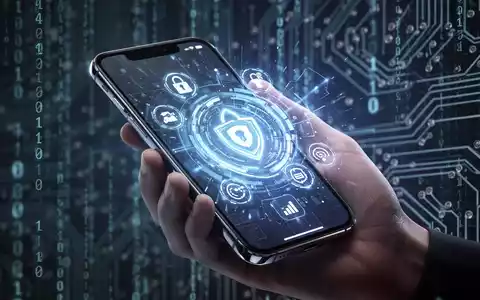 Eine Hand hält ein futuristisches Smartphone mit leuchtender Oberfläche, die Sicherheits- und Datensymbole zeigt, vor einem Hintergrund aus digitalem Code. - Foto: über boerse-global.de