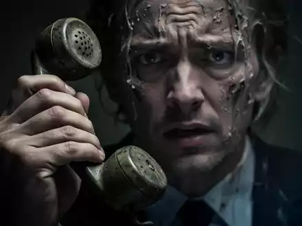 Nahaufnahme einer Hand, die einen Telefonhörer hält, mit einem unscharfen, ängstlichen Gesicht im Hintergrund. Vermittelt Betrug. - Foto: über boerse-global.de
