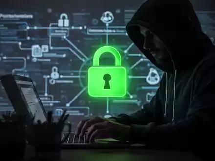 Verschwommene Gestalt in Kapuzenjacke tippt auf Laptop, grünes Vorhängeschloss-Symbol über Netzwerkdiagramm. - Foto: über boerse-global.de