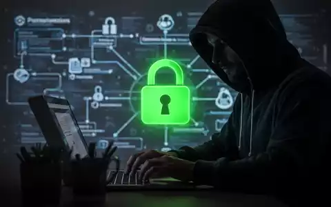 Verschwommene Gestalt in Kapuzenjacke tippt auf Laptop, grünes Vorhängeschloss-Symbol über Netzwerkdiagramm. - Foto: über boerse-global.de