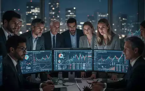 Eine vielfältige Gruppe von Menschen, die in einem modernen Büro auf Bildschirme mit Finanzdaten blicken, mit Stadtlichtern im Hintergrund. - Foto: über boerse-global.de