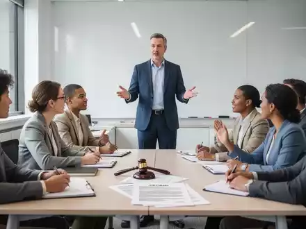 Ein Dozent unterrichtet eine Gruppe von Erwachsenen in einem modernen Klassenzimmer, mit subtilen Hinweisen auf rechtliche Dokumente. - Foto: über boerse-global.de