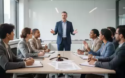 Ein Dozent unterrichtet eine Gruppe von Erwachsenen in einem modernen Klassenzimmer, mit subtilen Hinweisen auf rechtliche Dokumente. - Foto: über boerse-global.de
