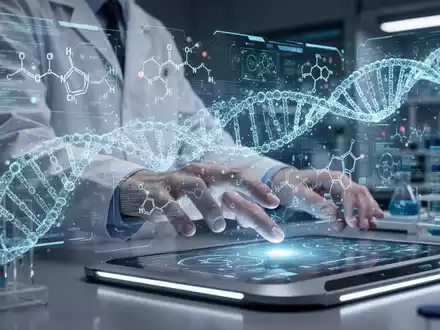 Forschende Hände interagieren mit holografischer KI-Oberfläche, die DNA und chemische Strukturen in futuristischem Labor zeigt. - Foto: über boerse-global.de