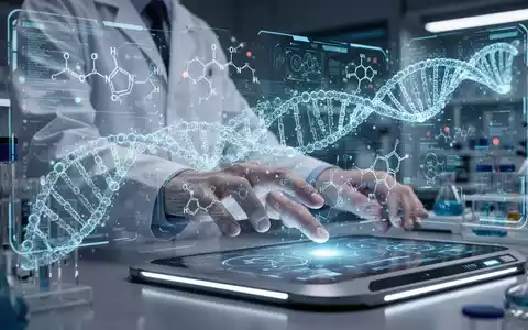Forschende Hände interagieren mit holografischer KI-Oberfläche, die DNA und chemische Strukturen in futuristischem Labor zeigt. - Foto: über boerse-global.de