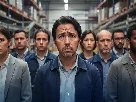 Eine Gruppe von Menschen mit nachdenklichen oder unsicheren Ausdrücken vor einem unscharfen Hintergrund eines Logistikzentrums. - Foto: über boerse-global.de