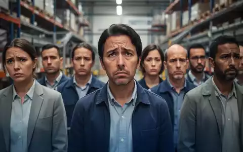 Eine Gruppe von Menschen mit nachdenklichen oder unsicheren Ausdrücken vor einem unscharfen Hintergrund eines Logistikzentrums. - Foto: über boerse-global.de
