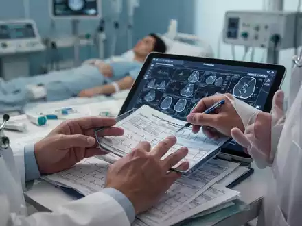 Nahaufnahme der Hände eines Arztes, der medizinische Diagramme oder ein Tablet mit Diagnosedaten überprüft. - Foto: über boerse-global.de
