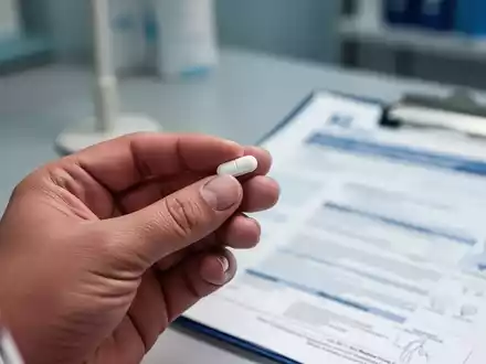 Eine Hand hält eine Pille, im Hintergrund verschwommene medizinische Unterlagen, die medikamentöse Behandlung von Adipositas darstellend. - Foto: über boerse-global.de