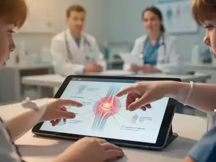 Nahaufnahme der Hand eines Kindes, die einen Tablet-Bildschirm mit einer Grafik zur Gelenkgesundheit berührt. Im Hintergrund ein unscharfer Therapeut. - Foto: über boerse-global.de