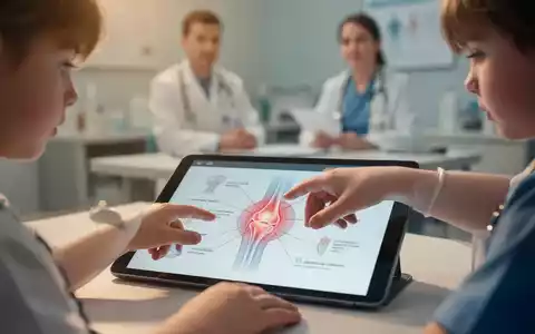 Nahaufnahme der Hand eines Kindes, die einen Tablet-Bildschirm mit einer Grafik zur Gelenkgesundheit berührt. Im Hintergrund ein unscharfer Therapeut. - Foto: über boerse-global.de