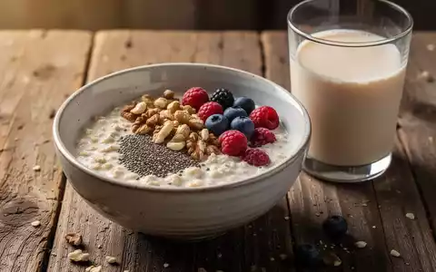 Eine Nahaufnahme einer Schüssel Overnight Oats mit Chiasamen, Nüssen und Beeren, daneben ein Glas Sojamilch auf einem Holztisch. - Foto: über boerse-global.de