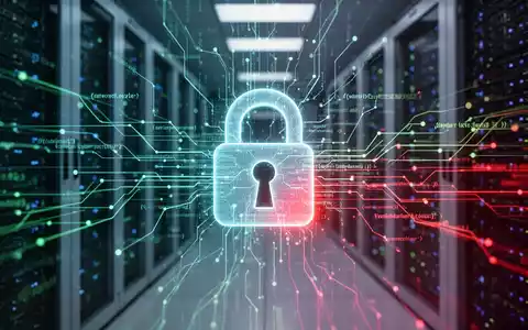 Ein digitales Vorhängeschloss-Symbol über leuchtenden Datenströmen und Codezeilen, mit unscharfen Server-Racks im Hintergrund, symbolisiert KI-Sicherheitslücken. - Foto: über boerse-global.de