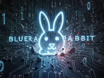 GlĂŒhendes blaues Kaninchen-Symbol mit BinĂ€rcode und Datenzerstörungssymbolen auf dunklem Leiterplattenhintergrund, das GigaWiper-Malware darstellt. - Foto: ĂŒber boerse-global.de