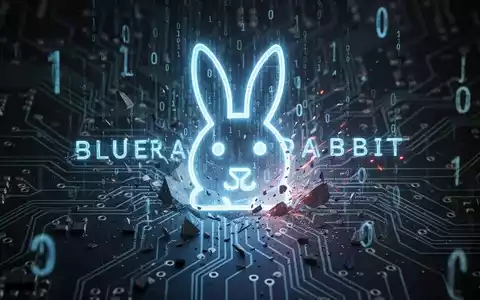 Glühendes blaues Kaninchen-Symbol mit Binärcode und Datenzerstörungssymbolen auf dunklem Leiterplattenhintergrund, das GigaWiper-Malware darstellt. - Foto: über boerse-global.de