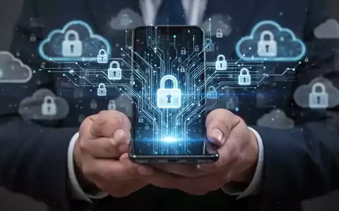 Hände halten ein Smartphone, von dem digitale Datenströme und Vorhängeschloss-Symbole ausgehen, im Hintergrund verschwommene Cloud-Symbole. - Foto: über boerse-global.de