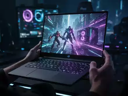 Nahaufnahme eines leistungsstarken Gaming-Laptops mit OLED-Bildschirm, der futuristische Spielgrafiken zeigt, in gedämpfter Umgebung. - Foto: über boerse-global.de