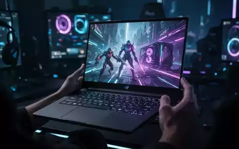 Nahaufnahme eines leistungsstarken Gaming-Laptops mit OLED-Bildschirm, der futuristische Spielgrafiken zeigt, in gedämpfter Umgebung. - Foto: über boerse-global.de