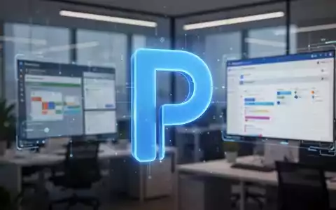 Leuchtend blaues 'P'-Symbol von Microsoft Planner über unscharfem modernem Büro mit digitalen Bildschirmen. - Foto: über boerse-global.de
