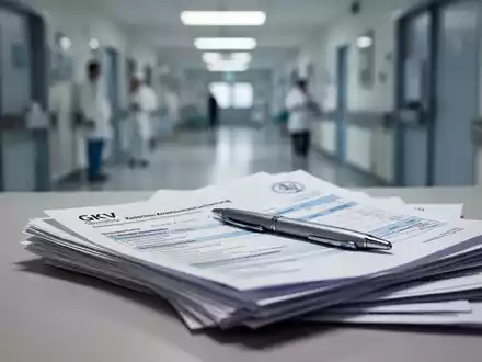 Nahaufnahme von GKV-Dokumenten und einem Stift, die finanzielle Belastungen im deutschen Gesundheitssystem symbolisieren. - Foto: über boerse-global.de