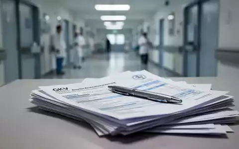 Nahaufnahme von GKV-Dokumenten und einem Stift, die finanzielle Belastungen im deutschen Gesundheitssystem symbolisieren. - Foto: über boerse-global.de