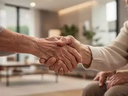 Eine Hand hält sanft die Hand einer älteren Person, Symbol für ambulante Pflege und Nachbarschaftshilfe zu Hause. - Foto: über boerse-global.de