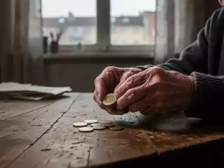 Nahaufnahme der Hände einer älteren Person, die wenige Euro-Münzen auf einem Holztisch zählt, in einem schummrigen Raum. - Foto: über boerse-global.de