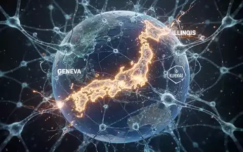 Leuchtende neuronale Netzwerkkugel mit Verbindungen, die Japan, Genf und Illinois hervorheben, als Symbol globaler KI-Regulierung. - Foto: über boerse-global.de