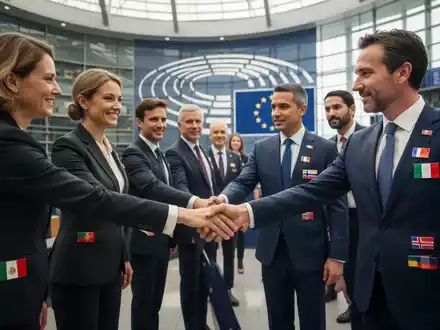 Geschäftsleute aus verschiedenen EU-Ländern schütteln Hände in einem modernen Parlamentsgebäude, symbolisch für grenzüberschreitende Sozialleistungen. - Foto: über boerse-global.de