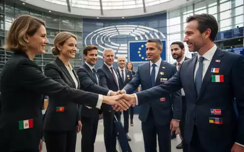 Geschäftsleute aus verschiedenen EU-Ländern schütteln Hände in einem modernen Parlamentsgebäude, symbolisch für grenzüberschreitende Sozialleistungen. - Foto: über boerse-global.de