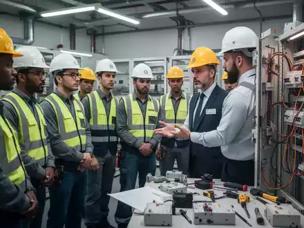 Elektriker und Techniker nehmen an einer Sicherheitsunterweisung in einer modernen Werkstatt teil, um die Einhaltung gesetzlicher Normen zu gewährleisten. - Foto: über boerse-global.de