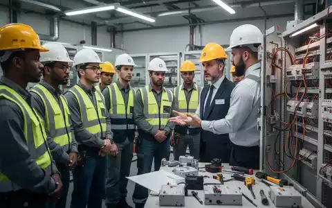Elektriker und Techniker nehmen an einer Sicherheitsunterweisung in einer modernen Werkstatt teil, um die Einhaltung gesetzlicher Normen zu gewährleisten. - Foto: über boerse-global.de