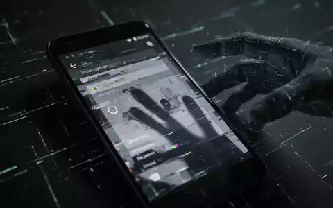 Ein Android-Smartphone-Bildschirm mit einer verzerrten, glitchigen Oberfläche und einer schattenhaften digitalen Hand, die danach greift. - Foto: über boerse-global.de