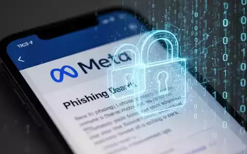 Ein Smartphone-Bildschirm zeigt eine Phishing-E-Mail mit gefälschtem Meta-Logo, Binärcode und einem digitalen Vorhängeschloss-Symbol. - Foto: über boerse-global.de